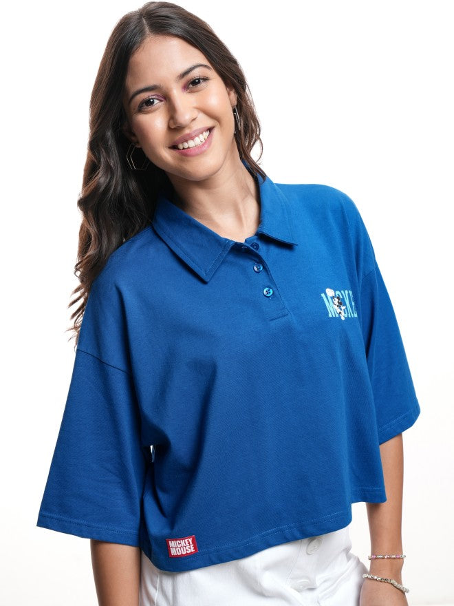 Disney By Tokyo Talkies Women Blue Mickey Mouse Printed Polo Collar T-Shirt - Blue - Image 6