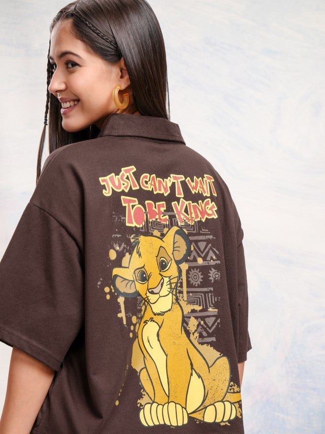 Disney By Tokyo Talkies Women Brown Simba Printed Polo Collar T-Shirt - Brown - Image 1