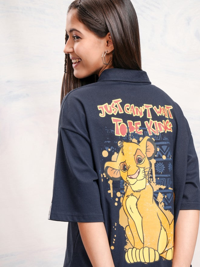 Disney By Tokyo Talkies Women Navy Blue Simba Printed Polo Collar T-Shirt - Navy Blue - Image 1