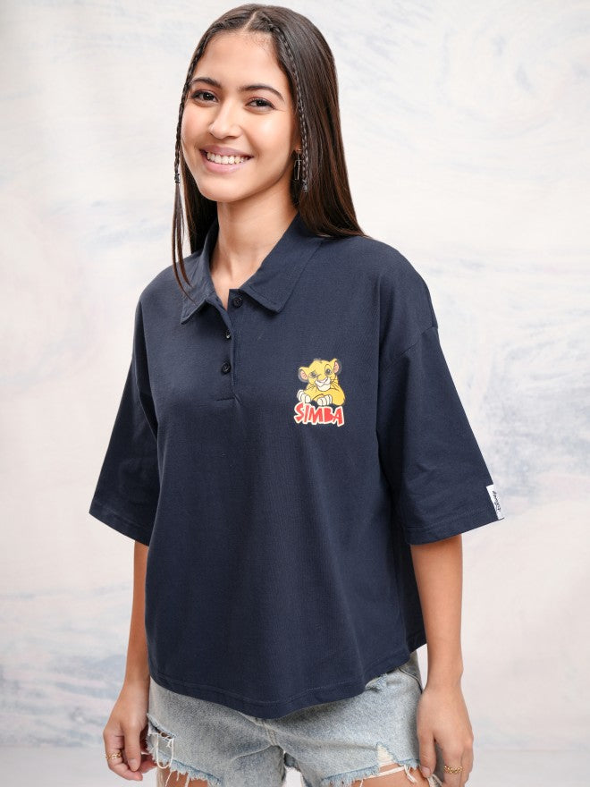 Disney By Tokyo Talkies Women Navy Blue Simba Printed Polo Collar T-Shirt - Navy Blue - Image 3