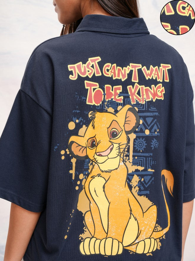 Disney By Tokyo Talkies Women Navy Blue Simba Printed Polo Collar T-Shirt - Navy Blue - Image 5