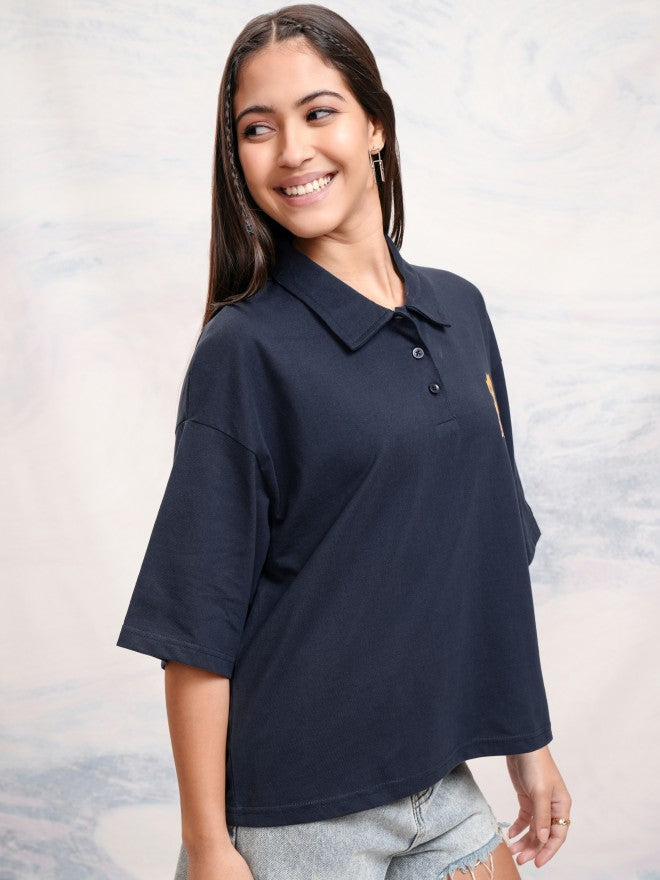 Disney By Tokyo Talkies Women Navy Blue Simba Printed Polo Collar T-Shirt - Navy Blue - Image 6