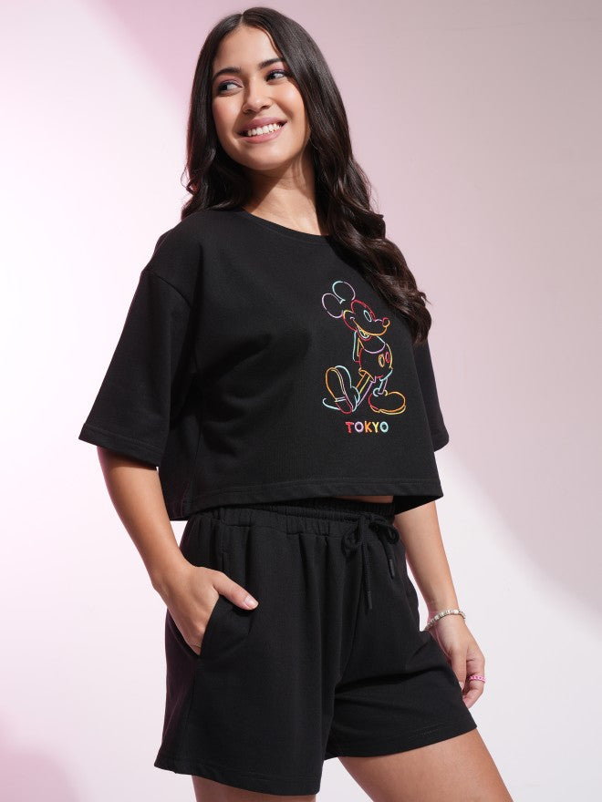 Disney By Tokyo Talkies Women Black Mickey Mouse T-shirt With Short - Black - Image 6