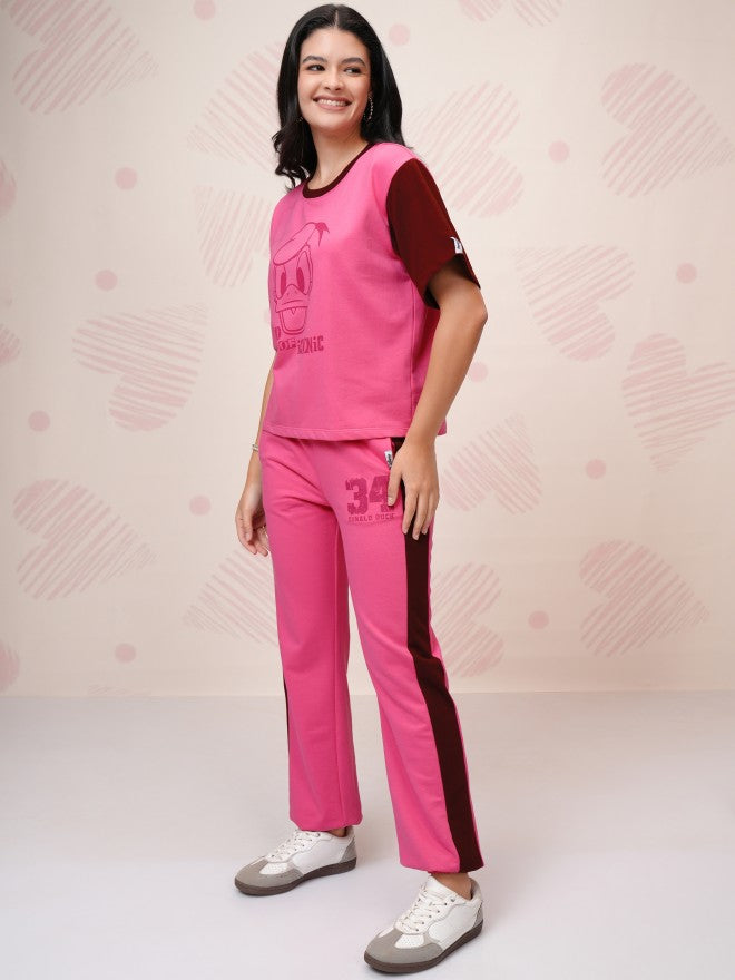 Disney By Tokyo Talkies Women Pink Donald Duck T-Shirt With Trouser - Pink - Image 4