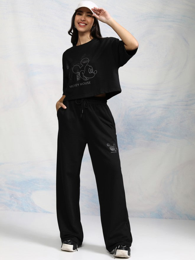 Disney By Tokyo Talkies Women Black Mickey Mouse T-shirt With Trouser - Black - Image 1