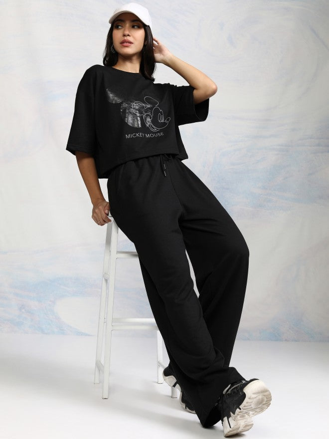 Disney By Tokyo Talkies Women Black Mickey Mouse T-shirt With Trouser - Black - Image 2