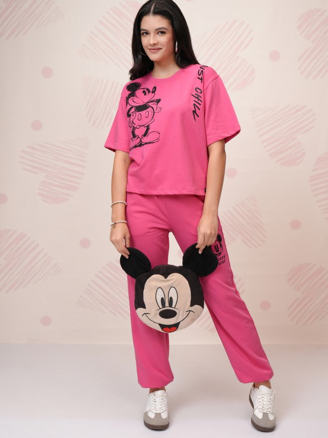 Disney By Tokyo Talkies Women Pink Mickey Mouse T-Shirt With Joggers - Pink - Image 1