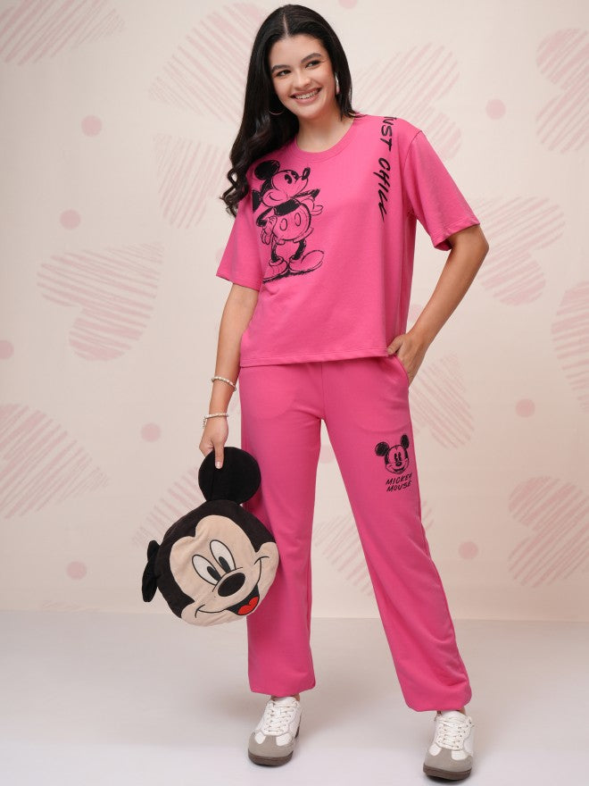 Disney By Tokyo Talkies Women Pink Mickey Mouse T-Shirt With Joggers - Pink - Image 2