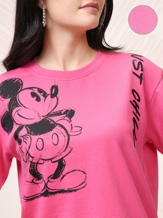 Disney By Tokyo Talkies Women Pink Mickey Mouse T-Shirt With Joggers - Pink - Image 5