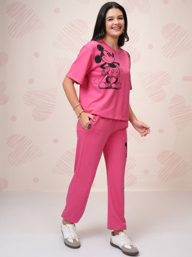Disney By Tokyo Talkies Women Pink Mickey Mouse T-Shirt With Joggers - Pink - Image 6