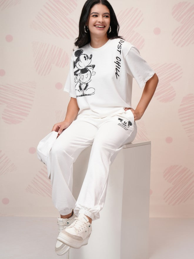 Disney By Tokyo Talkies Women White Mickey Mouse T-Shirt With Joggers - White - Image 1