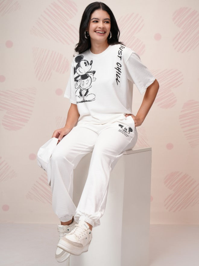 Disney By Tokyo Talkies Women White Mickey Mouse T-Shirt With Joggers - White - Image 2