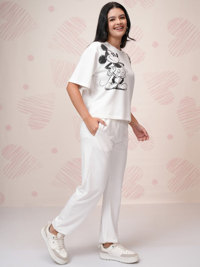 Disney By Tokyo Talkies Women White Mickey Mouse T-Shirt With Joggers - White - Image 6