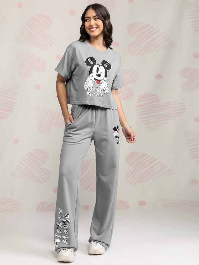 Disney By Tokyo Talkies Women Grey Mickey Mouse T-shirt With Trouser - Grey - Image 1