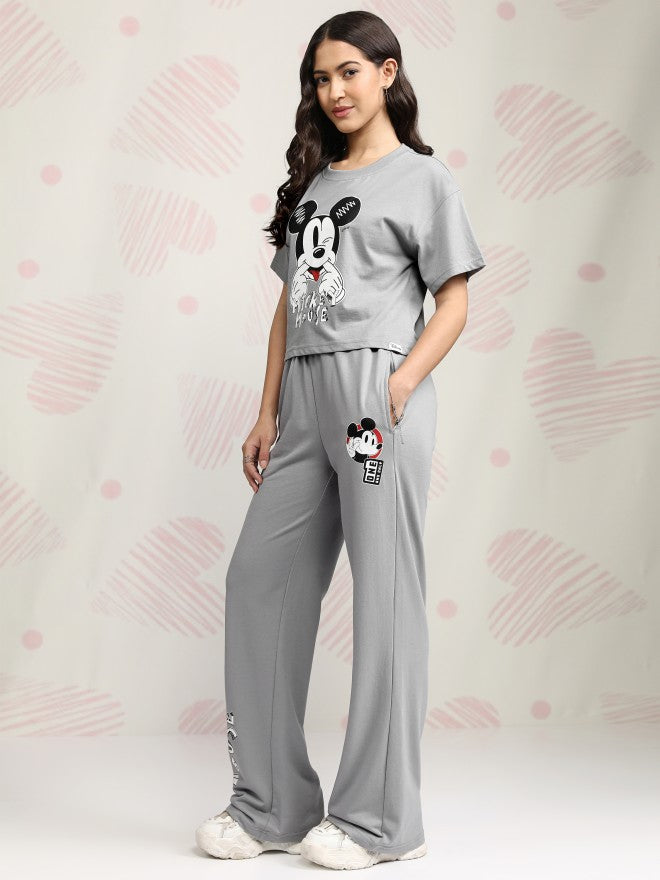 Disney By Tokyo Talkies Women Grey Mickey Mouse T-shirt With Trouser - Grey - Image 2