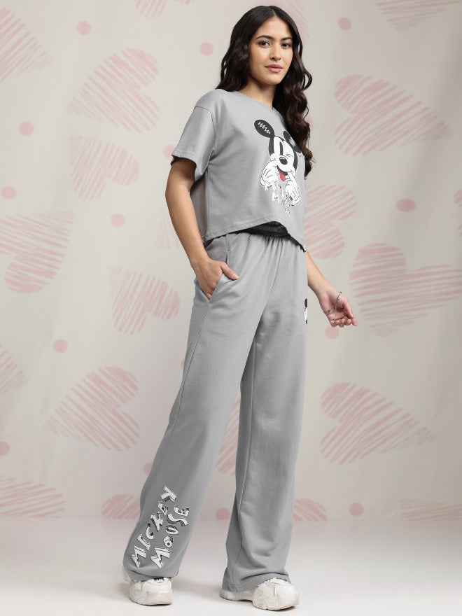 Disney By Tokyo Talkies Women Grey Mickey Mouse T-shirt With Trouser - Grey - Image 4