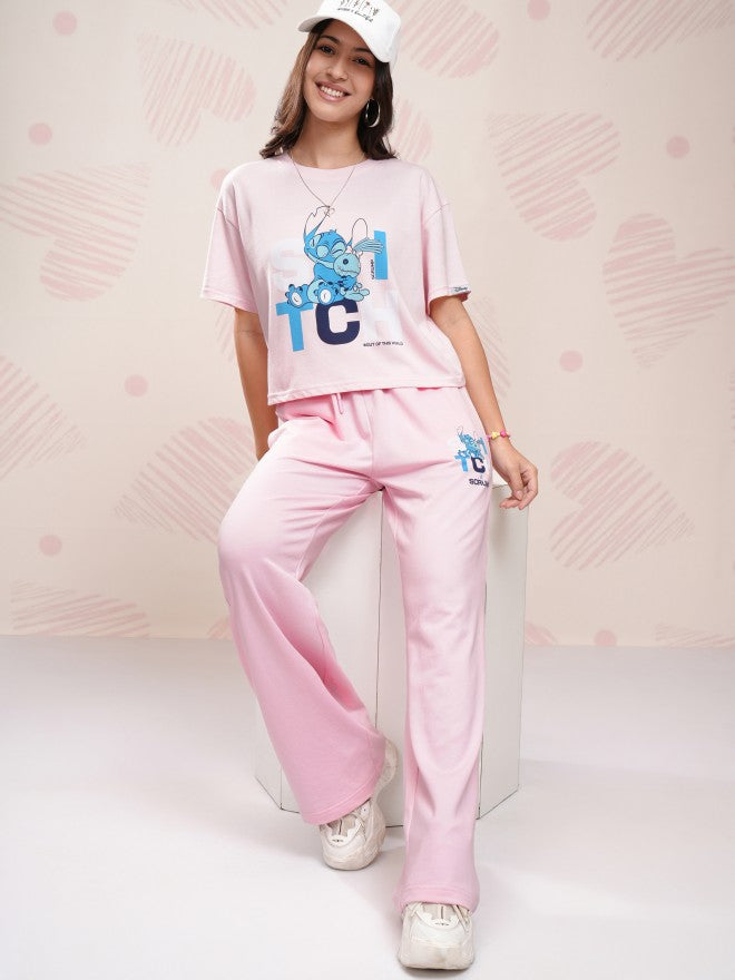 Disney By Tokyo Talkies Women Pink Stitch T-shirt With Trouser - Pink - Image 1