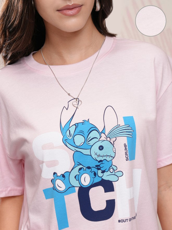 Disney By Tokyo Talkies Women Pink Stitch T-shirt With Trouser - Pink - Image 5