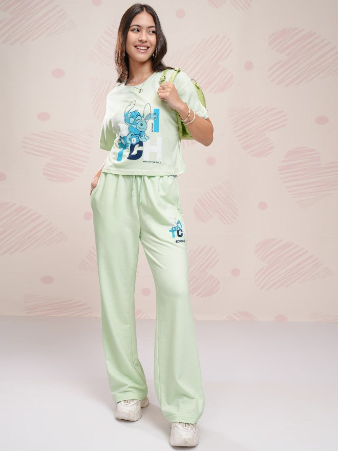 Disney By Tokyo Talkies Women Green Stitch T-shirt With Trouser - Green - Image 1