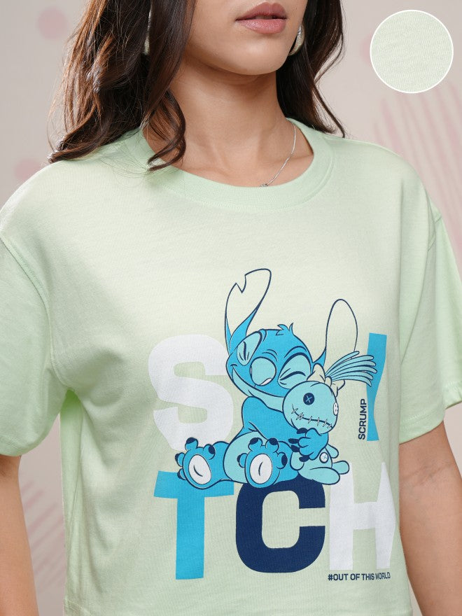 Disney By Tokyo Talkies Women Green Stitch T-shirt With Trouser - Green - Image 5