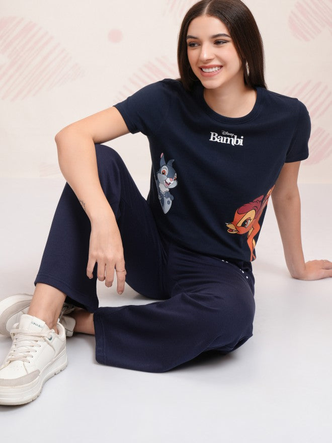 Disney By Tokyo Talkies Women Navy Blue Bambi And Thumper T-shirt With Trouser - Navy Blue - Image 1