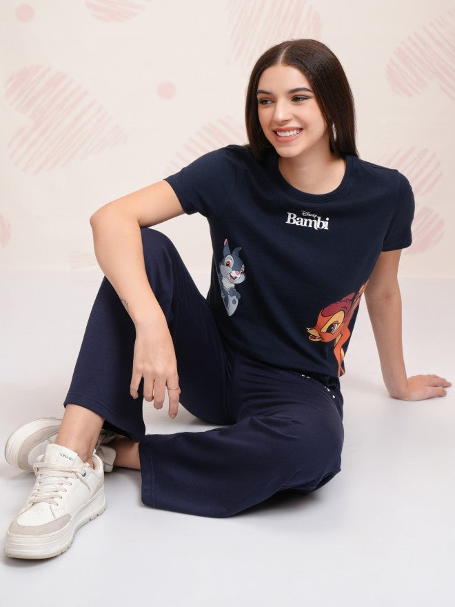 Disney By Tokyo Talkies Women Navy Blue Bambi And Thumper T-shirt With Trouser - Navy Blue - Image 2