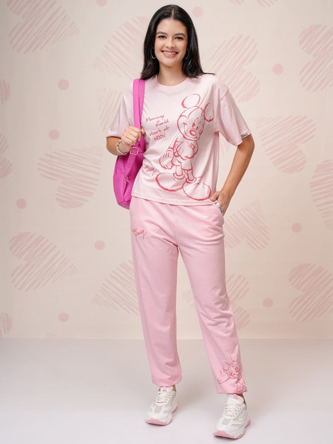 Disney By Tokyo Talkies Women Pink Mickey Mouse T-Shirt With Joggers - Pink - Image 1
