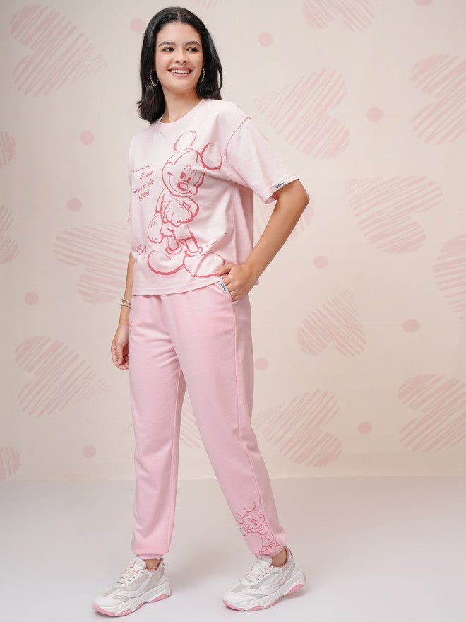 Disney By Tokyo Talkies Women Pink Mickey Mouse T-Shirt With Joggers - Pink - Image 2