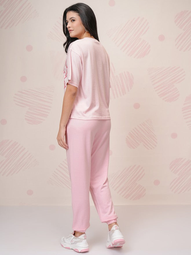 Disney By Tokyo Talkies Women Pink Mickey Mouse T-Shirt With Joggers - Pink - Image 3