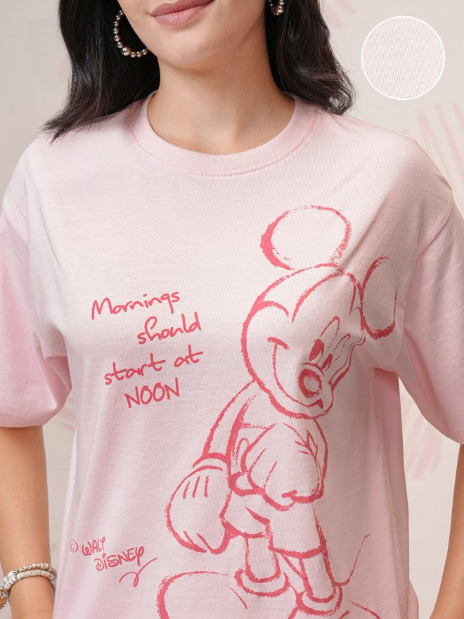 Disney By Tokyo Talkies Women Pink Mickey Mouse T-Shirt With Joggers - Pink - Image 5