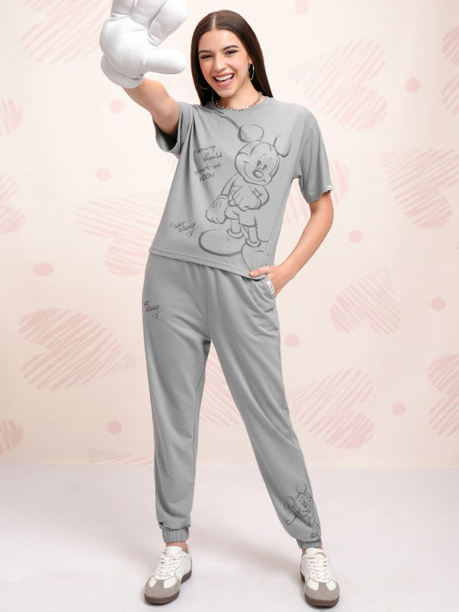 Disney By Tokyo Talkies Women Grey Mickey Mouse T-shirt With Joggers - Grey - Image 1