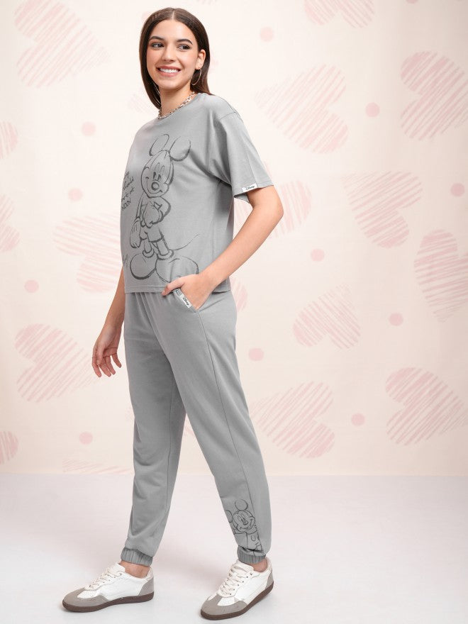 Disney By Tokyo Talkies Women Grey Mickey Mouse T-shirt With Joggers - Grey - Image 3
