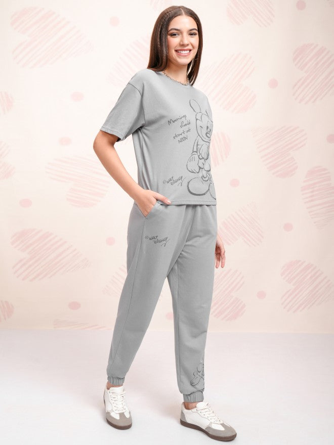 Disney By Tokyo Talkies Women Grey Mickey Mouse T-shirt With Joggers - Grey - Image 5