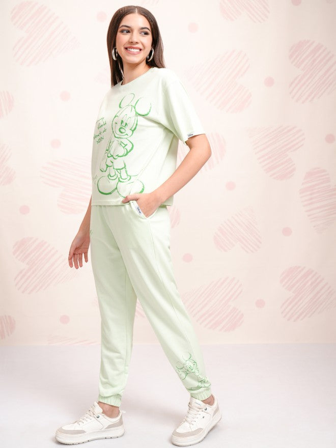 Disney By Tokyo Talkies Women Green Mickey Mouse T-shirt With Joggers - Green - Image 3
