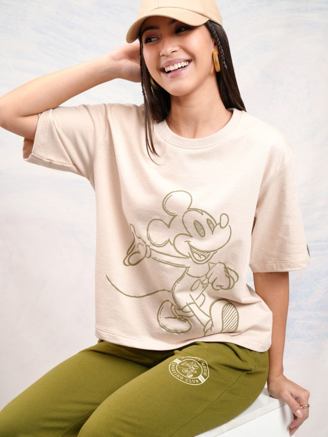 Disney By Tokyo Talkies Women Beige Mickey Mouse T-shirt With Joggers - Beige - Image 1