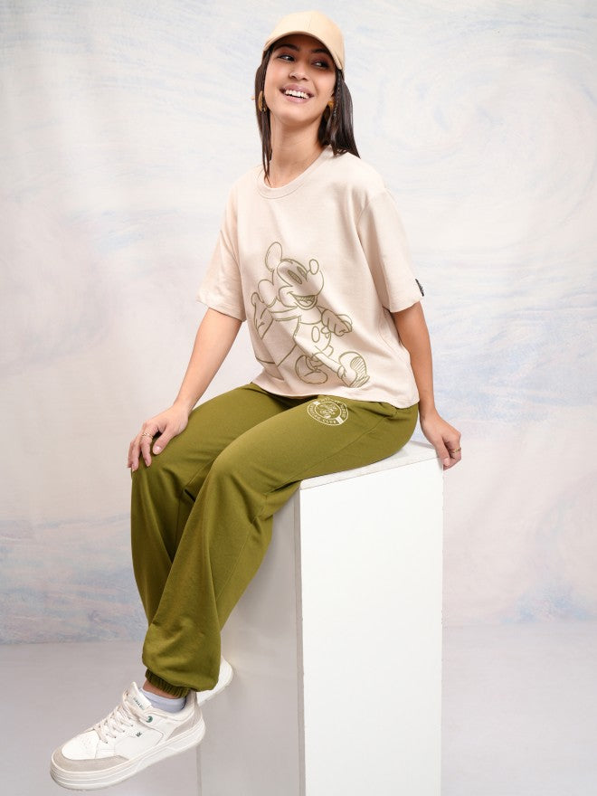 Disney By Tokyo Talkies Women Beige Mickey Mouse T-shirt With Joggers - Beige - Image 2
