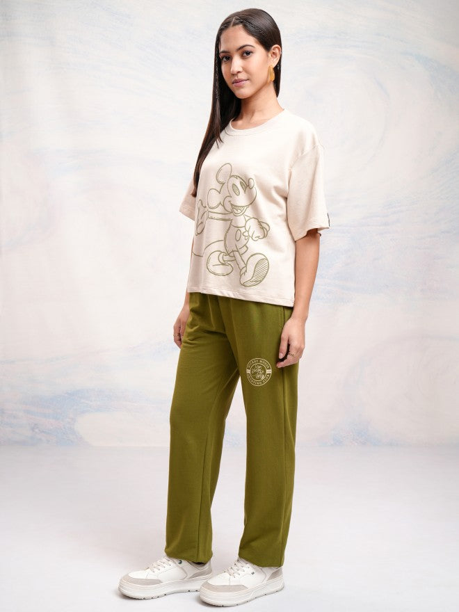 Disney By Tokyo Talkies Women Beige Mickey Mouse T-shirt With Joggers - Beige - Image 4