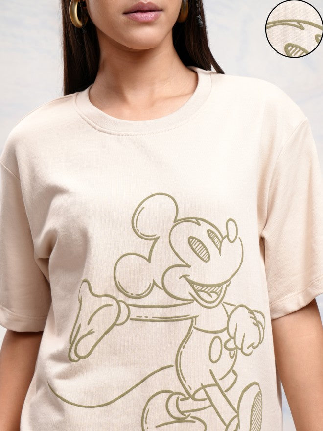 Disney By Tokyo Talkies Women Beige Mickey Mouse T-shirt With Joggers - Beige - Image 5