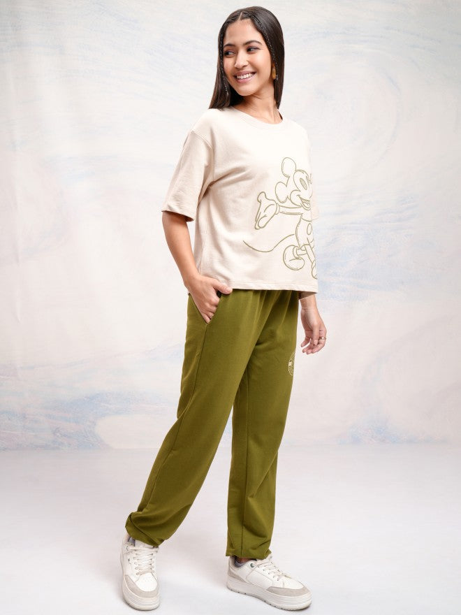 Disney By Tokyo Talkies Women Beige Mickey Mouse T-shirt With Joggers - Beige - Image 6