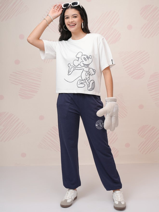 Disney By Tokyo Talkies Women White Mickey Mouse T-Shirt With Joggers - White - Image 1