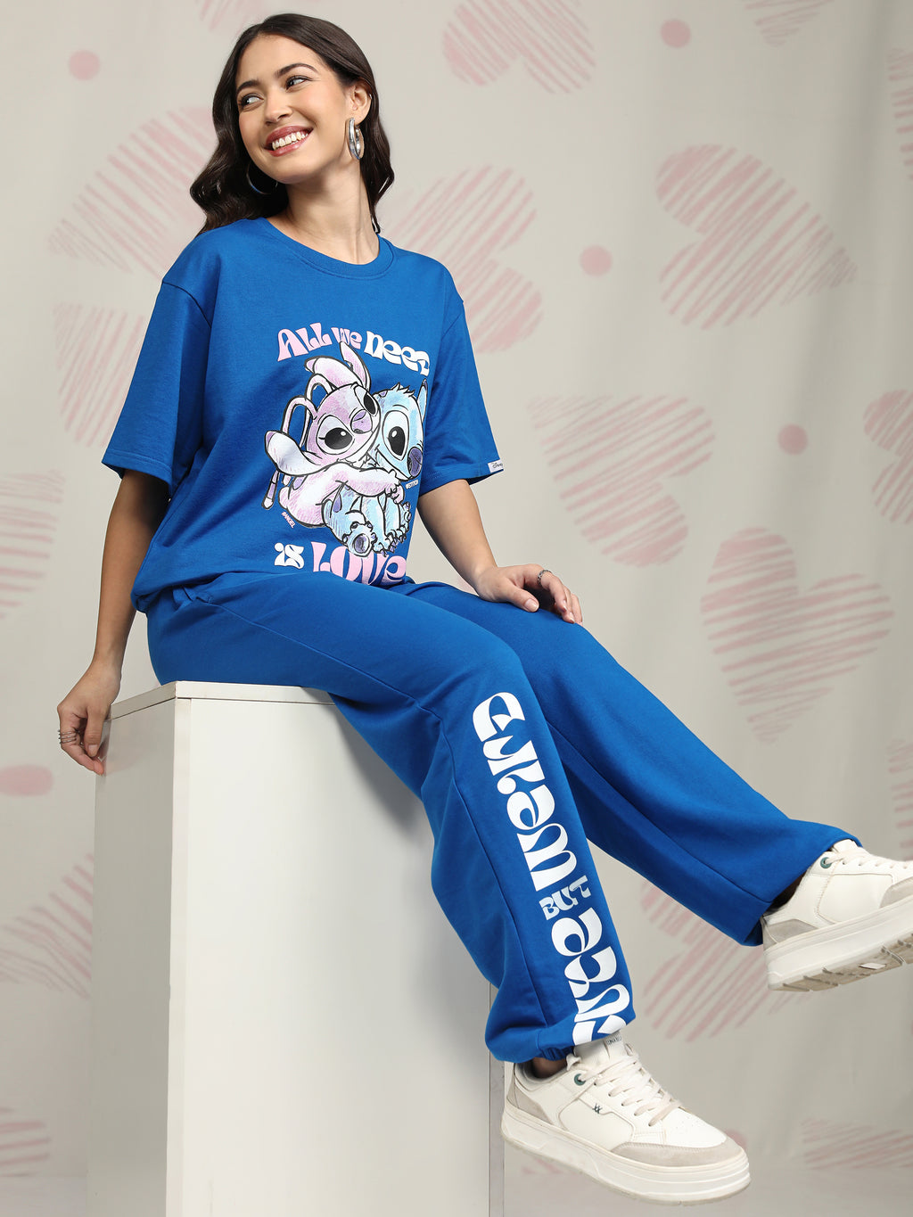 Disney By Tokyo Talkies Women Blue Stitch T-shirt With Joggers - Blue - Image 1