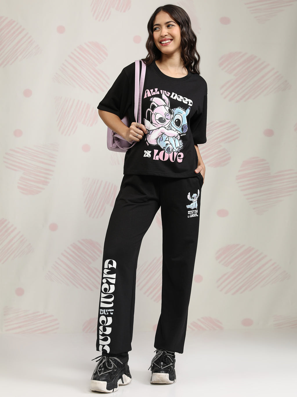 Disney By Tokyo Talkies Women Black Stitch T-shirt With Joggers - Black - Image 1
