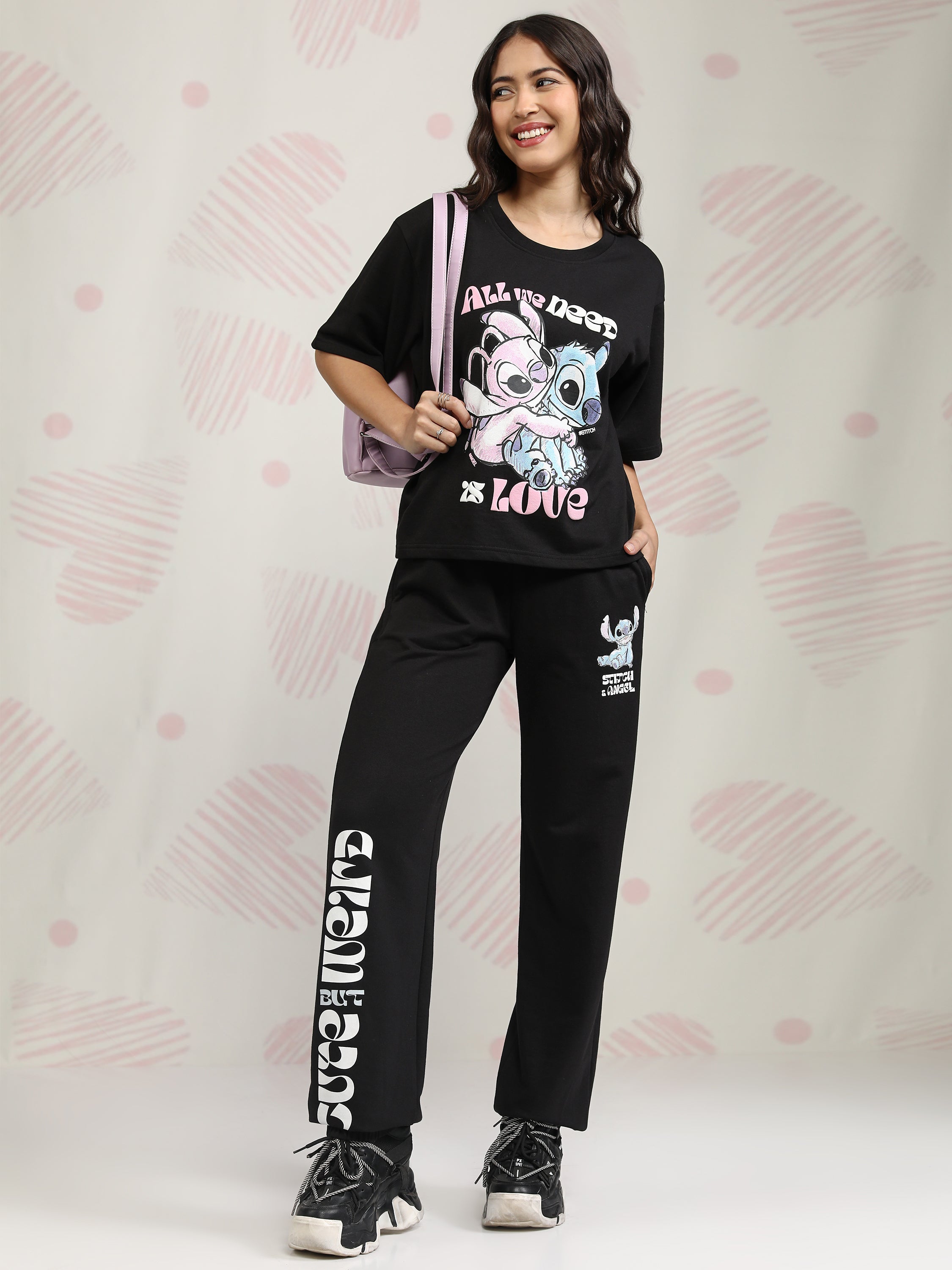Disney By Tokyo Talkies Women Black Stitch T-shirt With Joggers - Black - Image 1