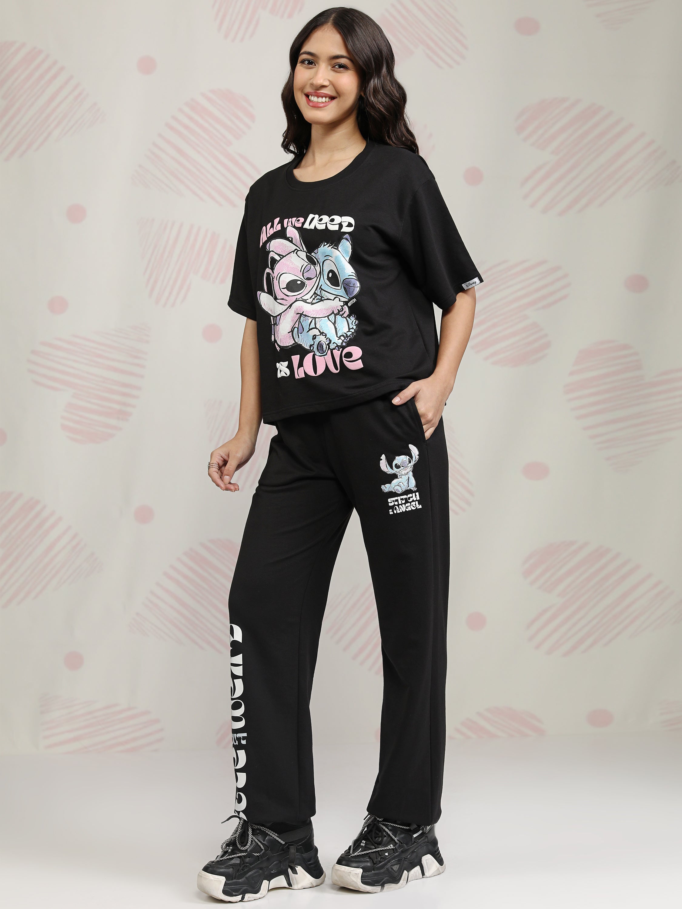 Disney By Tokyo Talkies Women Black Stitch T-shirt With Joggers - Black - Image 2
