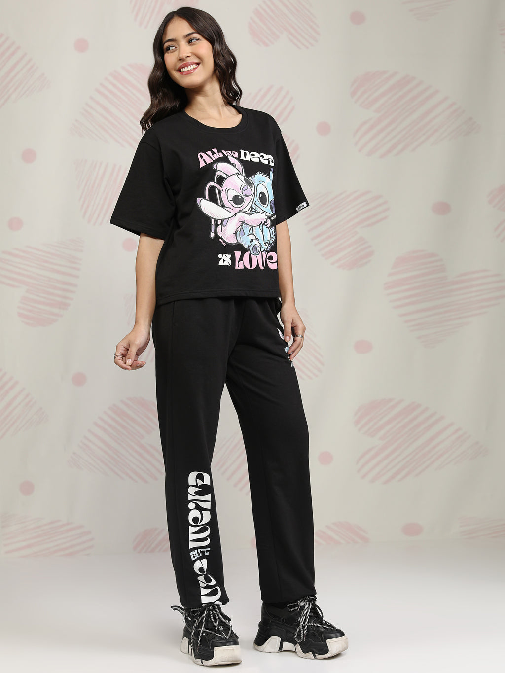 Disney By Tokyo Talkies Women Black Stitch T-shirt With Joggers - Black - Image 4