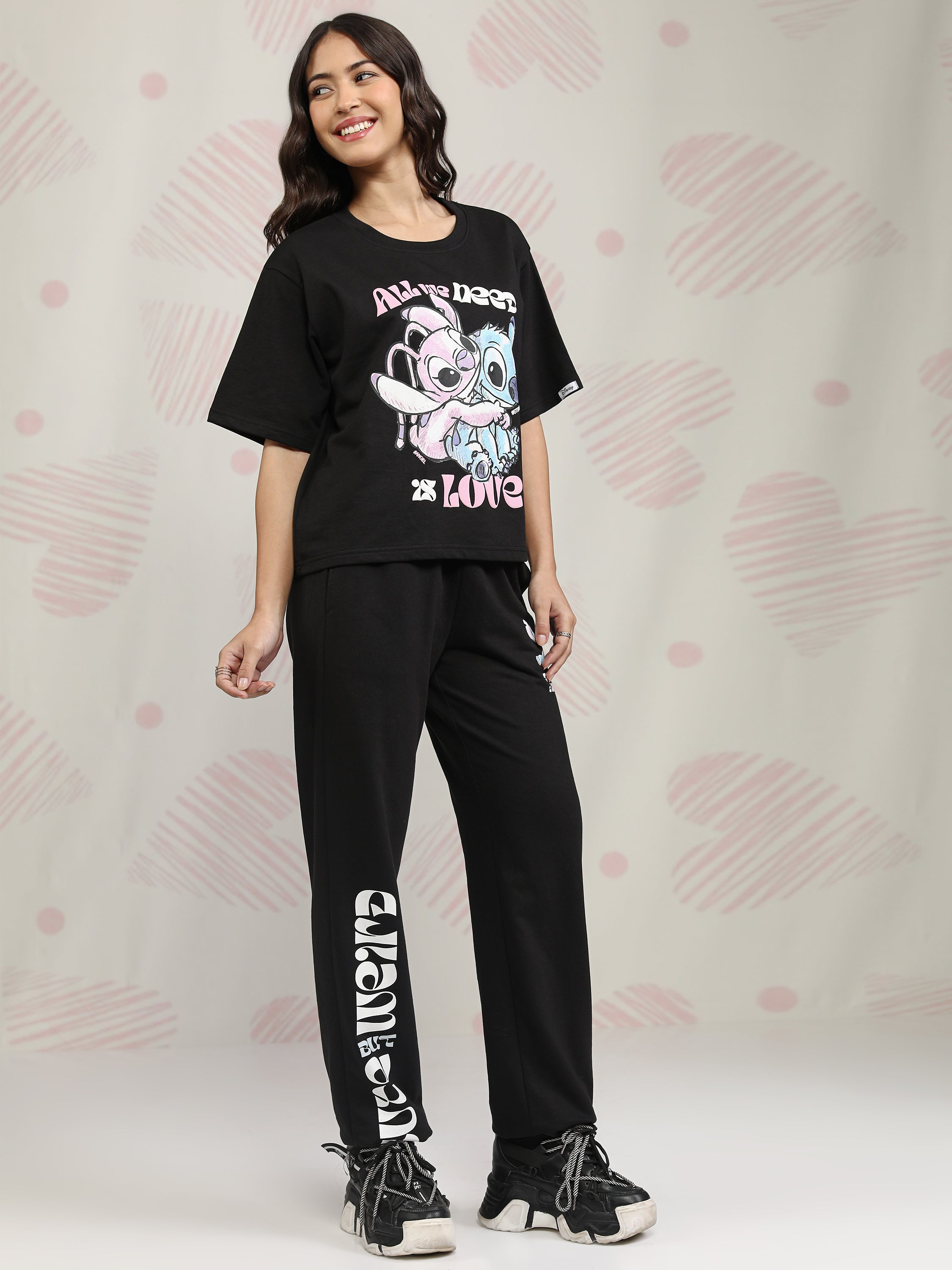 Disney By Tokyo Talkies Women Black Stitch T-shirt With Joggers - Black - Image 4