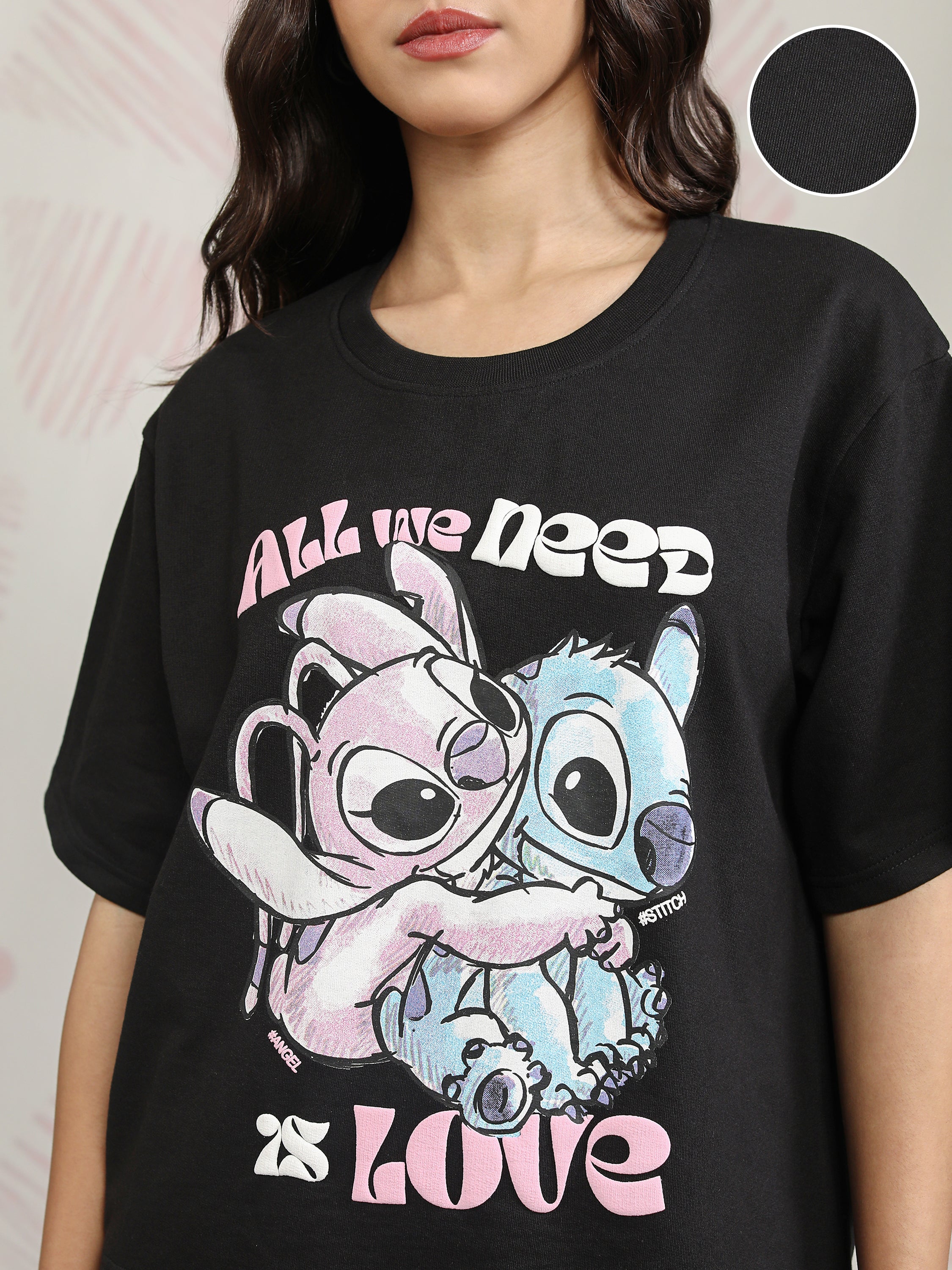 Disney By Tokyo Talkies Women Black Stitch T-shirt With Joggers - Black - Image 5