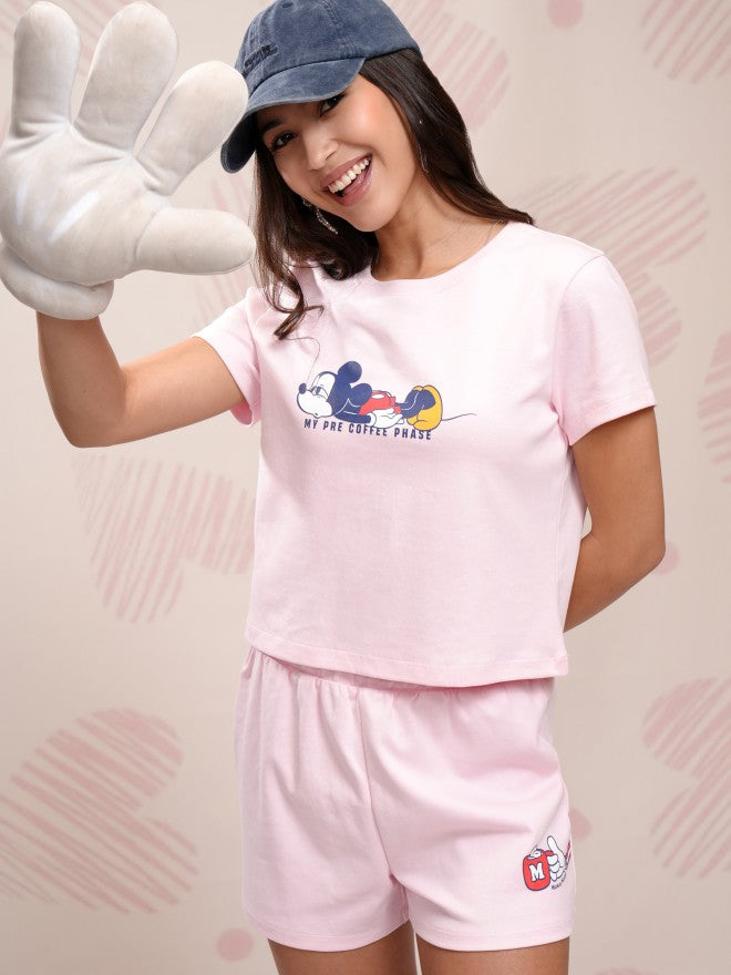 Disney By Tokyo Talkies Women Pink Mickey Mouse T-shirt With Short - Pink - Image 1