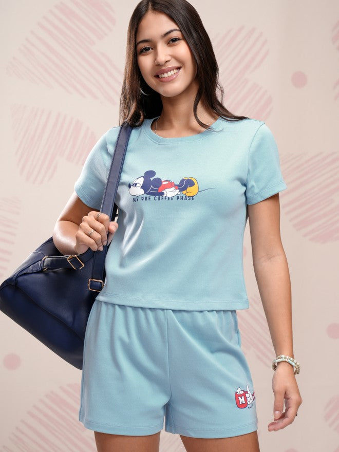 Disney By Tokyo Talkies Women Blue Mickey Mouse T-shirt With Short - Blue - Image 1