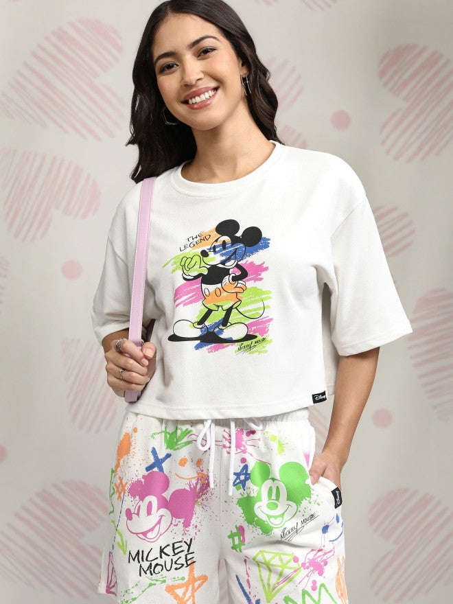 Disney By Tokyo Talkies Women White Mickey Mouse T-shirt With Short - White - Image 1